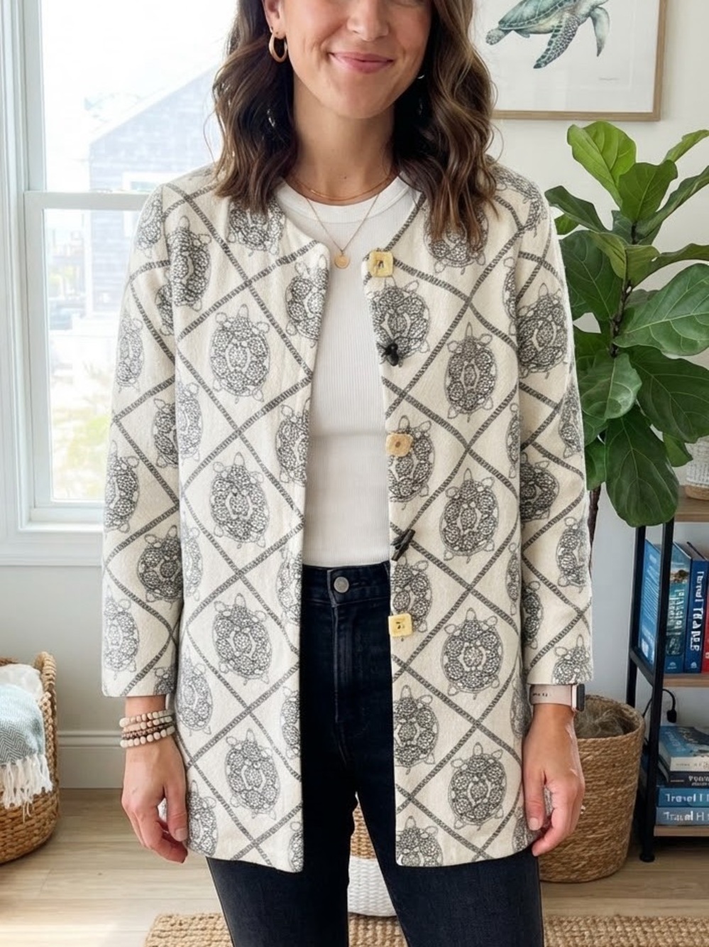 Cheppu Nepal Women's Large Cream Turtle Vintage Tunic Jacket Art To Wear